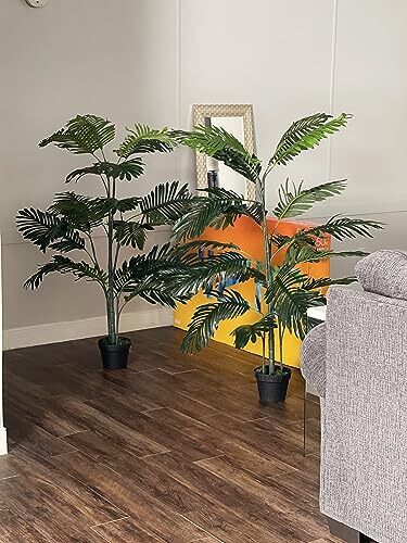 Ruopei Set of 2 Fake Palm Tree 5.2 ft in Plastic Pot Potted Artificial Palm T...