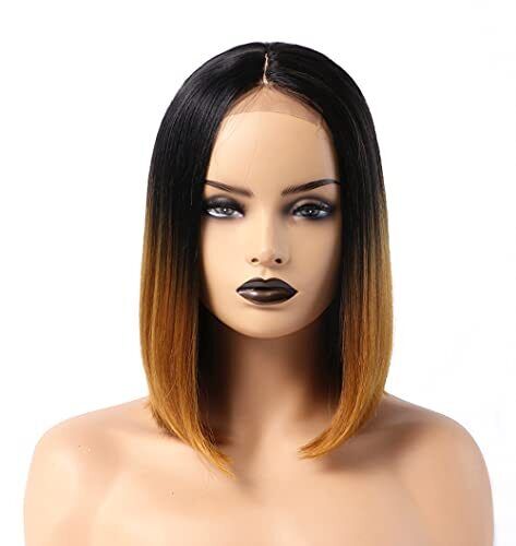 Rugelyss Short Bob Lace Front Wigs for Women Black Ombre Blonde Synthetic Str...