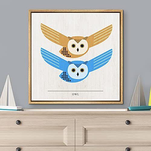 Color-Banner Framed Canvas Print Wall Art Brown & Blue Owls with Wood Grain T...