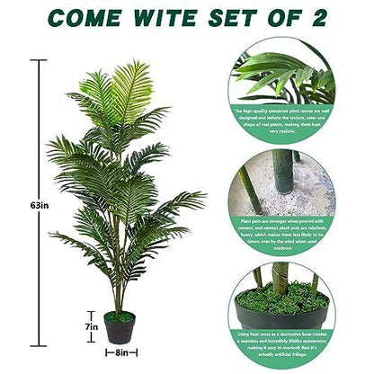 Ruopei Set of 2 Fake Palm Tree 5.2 ft in Plastic Pot Potted Artificial Palm T...