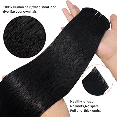 NETTIS 16 Inch 8pcs Clip in Hair Extensions Human Hair #1 Jet Black Double We...