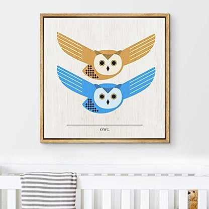 Color-Banner Framed Canvas Print Wall Art Brown & Blue Owls with Wood Grain T...