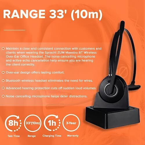 Spracht HS-2050 Single Ear Wireless Bluetooth Headset with Base Station | Noi...