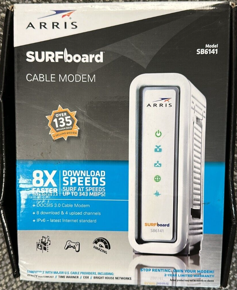 ARRIS SURFboard SB6141 8x4 DOCSIS 3.0 Cable Modem - Retail Packaging- White