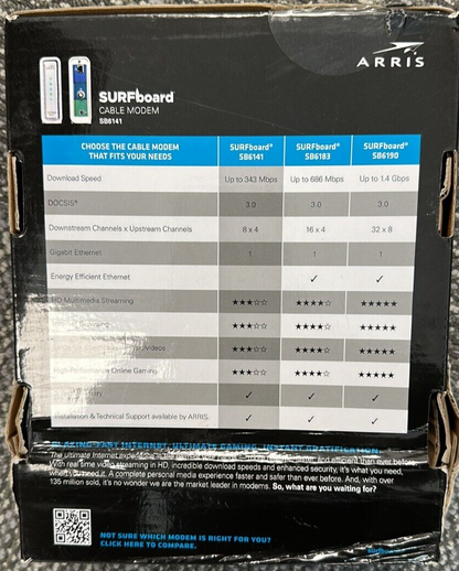 ARRIS SURFboard SB6141 8x4 DOCSIS 3.0 Cable Modem - Retail Packaging- White