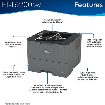 Brother HL-L6200DW Wireless Monochrome Single-Function Laser Printer - Print ...