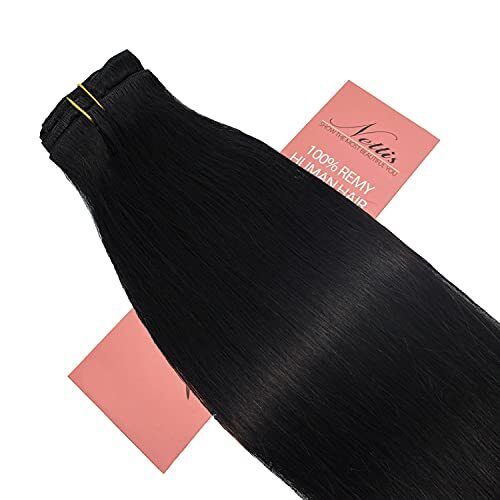 NETTIS 16 Inch 8pcs Clip in Hair Extensions Human Hair #1 Jet Black Double We...