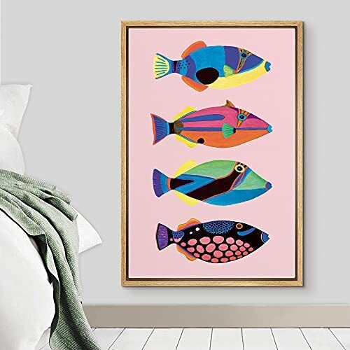 Color-Banner Framed Canvas Print Wall Art Multicolor Striped & Dotted Fish Va...