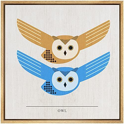 Color-Banner Framed Canvas Print Wall Art Brown & Blue Owls with Wood Grain T...