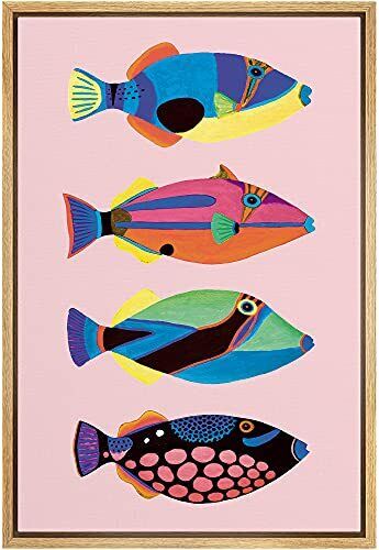 Color-Banner Framed Canvas Print Wall Art Multicolor Striped & Dotted Fish Va...