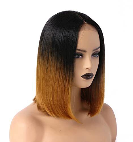 Rugelyss Short Bob Lace Front Wigs for Women Black Ombre Blonde Synthetic Str...