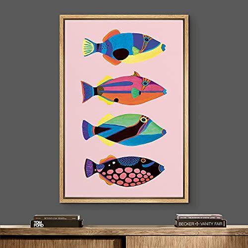 Color-Banner Framed Canvas Print Wall Art Multicolor Striped & Dotted Fish Va...