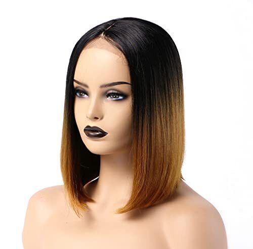 Rugelyss Short Bob Lace Front Wigs for Women Black Ombre Blonde Synthetic Str...