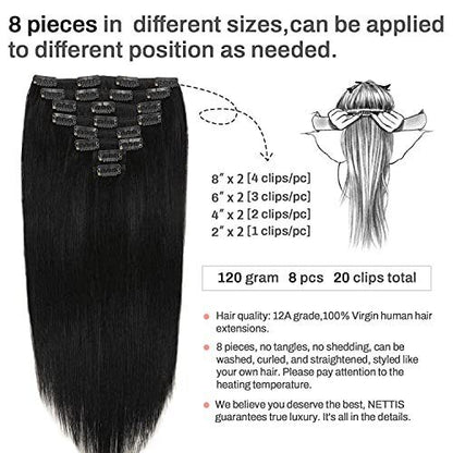 NETTIS 16 Inch 8pcs Clip in Hair Extensions Human Hair #1 Jet Black Double We...